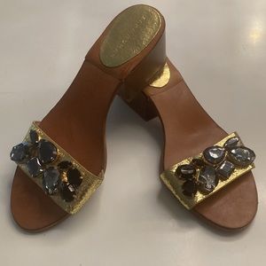 Zara golden foil finish with smoky blue gemstones and a block heel